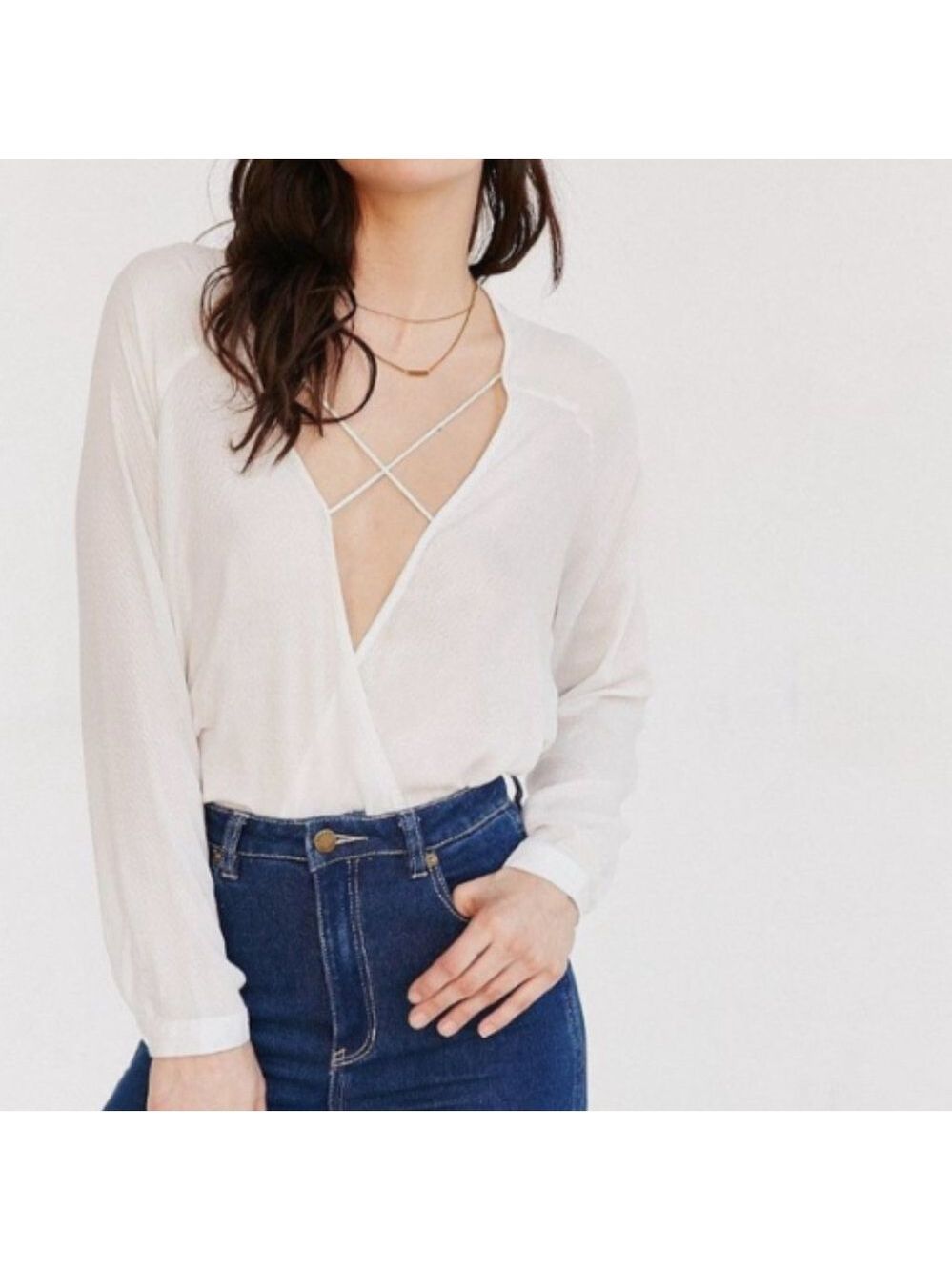 UO silence + noise White Textured Surplice Cross Front Long Sleeve Top